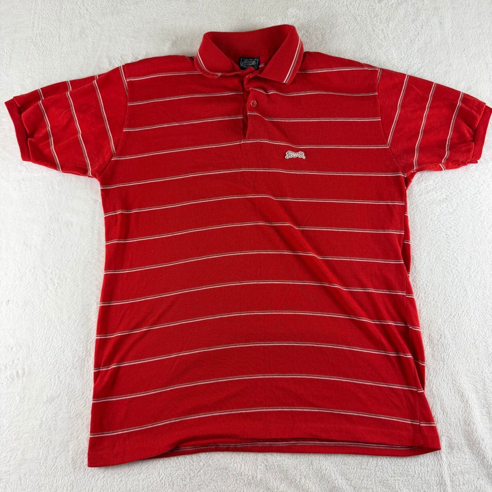 Le Tigre Polo Shirt Striped Red Mens Large Vintage USA Preppy Short Sleeve